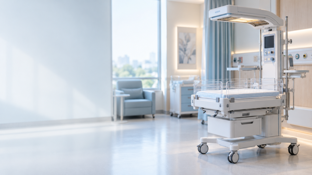 Neonatal warmer in a modern newborn-care setting